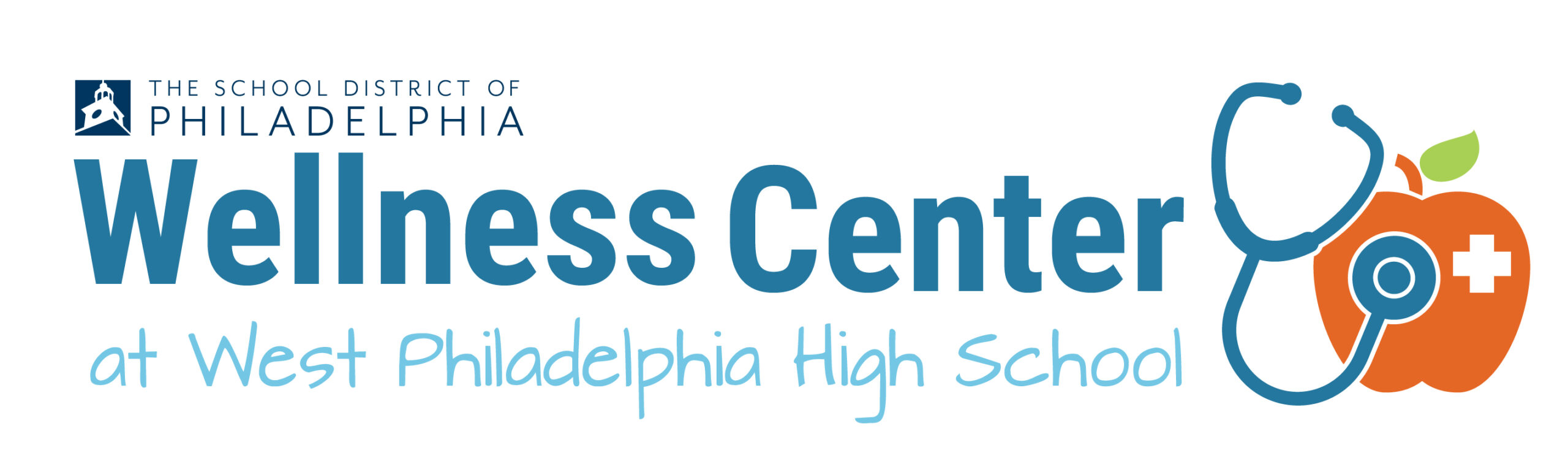 Logo for the Wellness Center at West Philadelphia High School, featuring The School District of Philadelphia name, stylized text, and an apple with a stethoscope